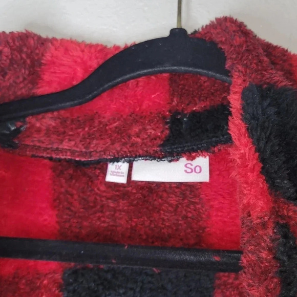 SO Sherpa Pullover Long Crop 1/4 Zip Red Black Buffalo Plaid Fleece Xtra Large - Picture 4 of 11